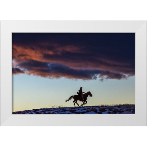 USA- Wyoming. Hideout Horse Ranch- wrangler and horse at sunset. White Modern Wood Framed Art Print by Looney, Hollice