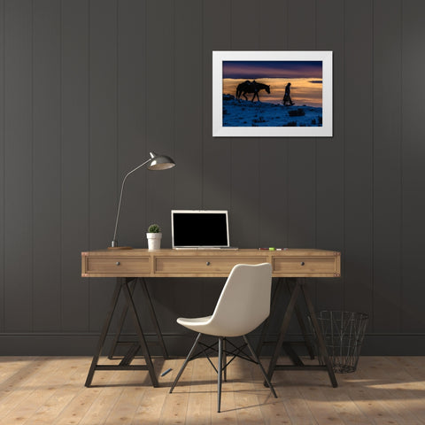 USA- Wyoming. Hideout Horse Ranch- wrangler and horse at sunset. White Modern Wood Framed Art Print by Looney, Hollice