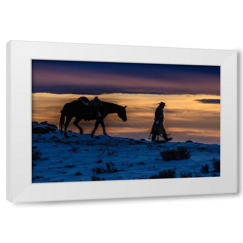 USA- Wyoming. Hideout Horse Ranch- wrangler and horse at sunset. White Modern Wood Framed Art Print by Looney, Hollice
