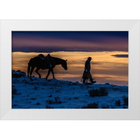 USA- Wyoming. Hideout Horse Ranch- wrangler and horse at sunset. White Modern Wood Framed Art Print by Looney, Hollice