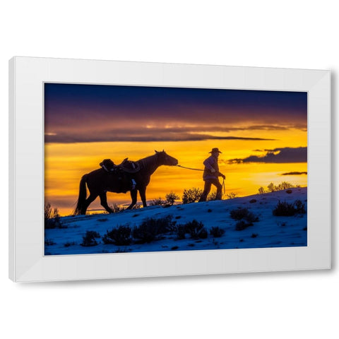 USA- Wyoming. Hideout Horse Ranch- wrangler and horse at sunset. White Modern Wood Framed Art Print by Looney, Hollice