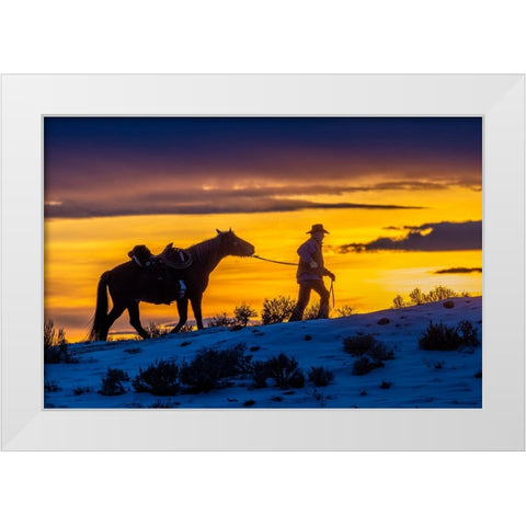USA- Wyoming. Hideout Horse Ranch- wrangler and horse at sunset. White Modern Wood Framed Art Print by Looney, Hollice