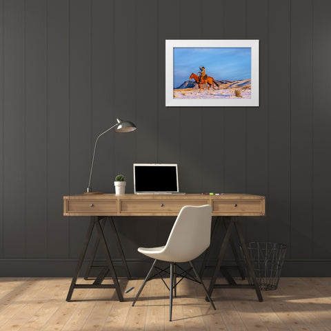 USA- Wyoming. Hideout Horse Ranch- wrangler and horse in snow. White Modern Wood Framed Art Print by Looney, Hollice