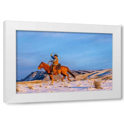 USA- Wyoming. Hideout Horse Ranch- wrangler and horse in snow. White Modern Wood Framed Art Print by Looney, Hollice