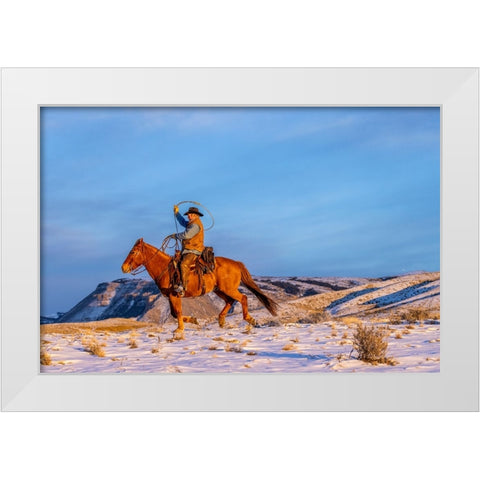 USA- Wyoming. Hideout Horse Ranch- wrangler and horse in snow. White Modern Wood Framed Art Print by Looney, Hollice