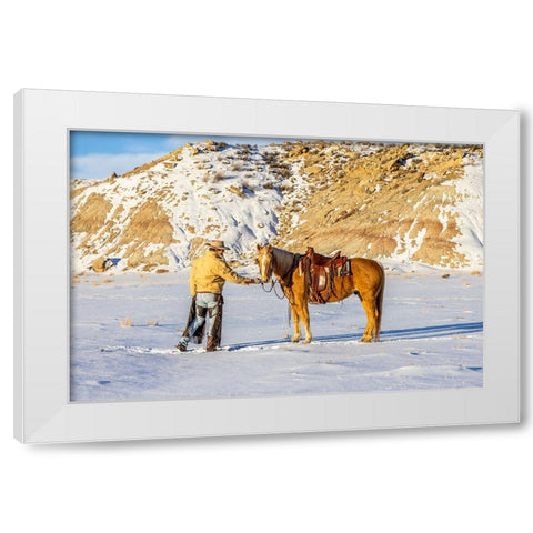 USA- Wyoming. Hideout Horse Ranch- wrangler and horse in snow. White Modern Wood Framed Art Print by Looney, Hollice
