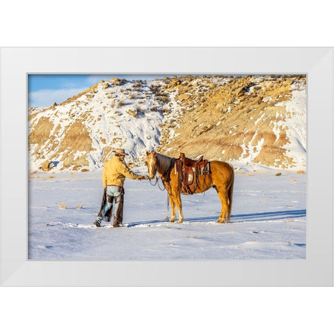 USA- Wyoming. Hideout Horse Ranch- wrangler and horse in snow. White Modern Wood Framed Art Print by Looney, Hollice