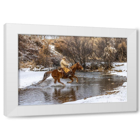 USA- Wyoming. Hideout Horse Ranch- wrangler crossing the stream on horseback. White Modern Wood Framed Art Print by Looney, Hollice