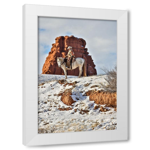 USA- Wyoming. Hideout Horse Ranch- wrangler on horseback in snow. White Modern Wood Framed Art Print by Looney, Hollice