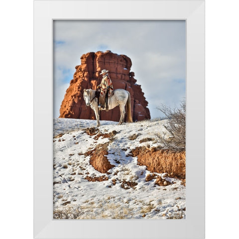 USA- Wyoming. Hideout Horse Ranch- wrangler on horseback in snow. White Modern Wood Framed Art Print by Looney, Hollice