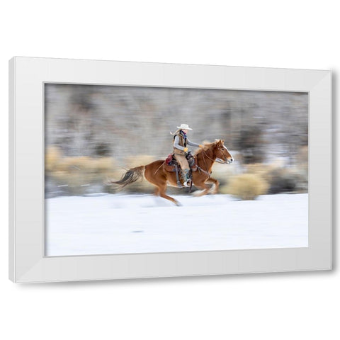 USA- Wyoming. Hideout Horse Ranch- wrangler on horseback in snow. White Modern Wood Framed Art Print by Looney, Hollice
