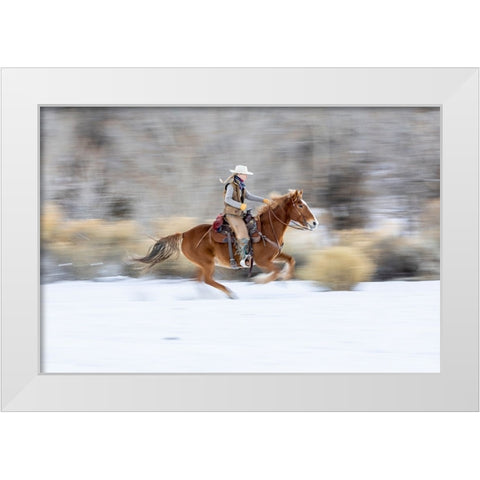 USA- Wyoming. Hideout Horse Ranch- wrangler on horseback in snow. White Modern Wood Framed Art Print by Looney, Hollice