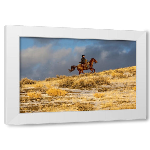 USA- Wyoming. Hideout Horse Ranch- wrangler on horseback in snow. White Modern Wood Framed Art Print by Looney, Hollice