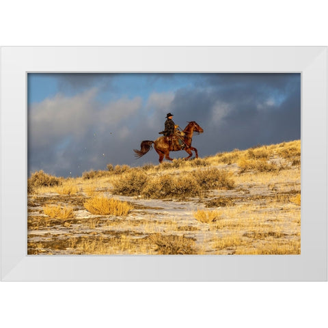 USA- Wyoming. Hideout Horse Ranch- wrangler on horseback in snow. White Modern Wood Framed Art Print by Looney, Hollice