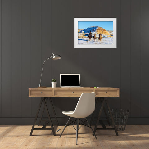 USA- Wyoming. Hideout Horse Ranch- wranglers and horses in snow. White Modern Wood Framed Art Print by Looney, Hollice