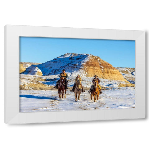 USA- Wyoming. Hideout Horse Ranch- wranglers and horses in snow. White Modern Wood Framed Art Print by Looney, Hollice
