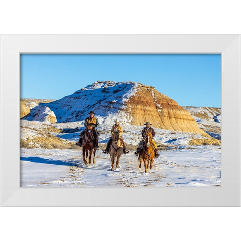 USA- Wyoming. Hideout Horse Ranch- wranglers and horses in snow. White Modern Wood Framed Art Print by Looney, Hollice