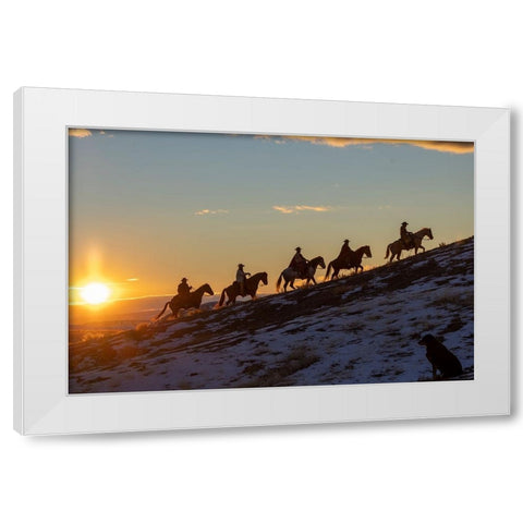 USA- Wyoming. Hideout Horse Ranch- wranglers on horseback in snow at sunset. White Modern Wood Framed Art Print by Looney, Hollice