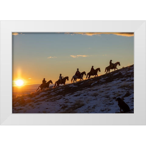 USA- Wyoming. Hideout Horse Ranch- wranglers on horseback in snow at sunset. White Modern Wood Framed Art Print by Looney, Hollice