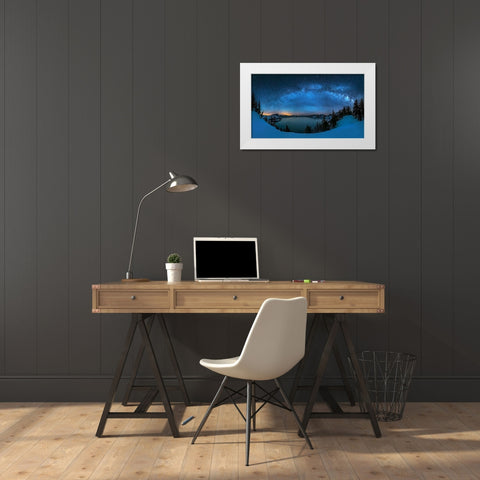 Starry Night Over The Crater Lake White Modern Wood Framed Art Print by Zhu, Hua