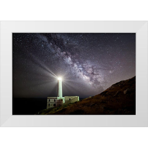 The Lighthouse And The Milky Way White Modern Wood Framed Art Print by Chiriaco, Luigi