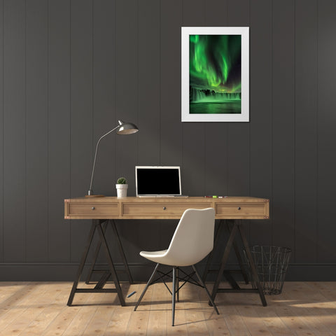 Northern Light On Godafoss White Modern Wood Framed Art Print by Zhu, Hua