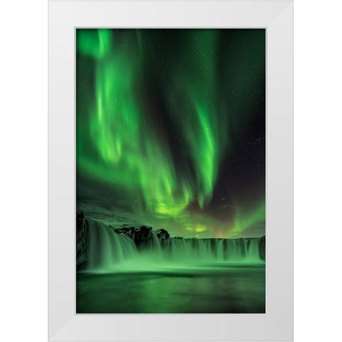 Northern Light On Godafoss White Modern Wood Framed Art Print by Zhu, Hua