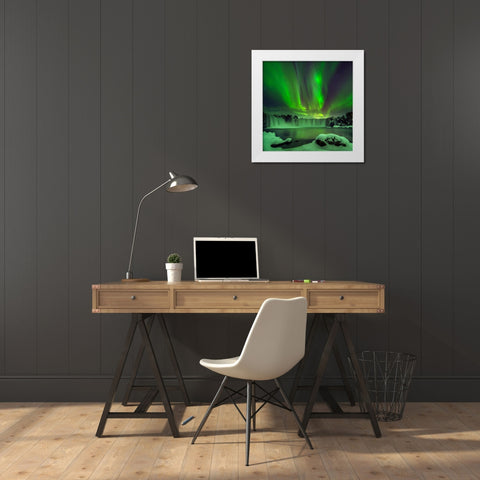 Northern Light Over Godafoss White Modern Wood Framed Art Print by Zhu, Hua