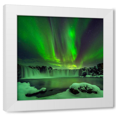 Northern Light Over Godafoss White Modern Wood Framed Art Print by Zhu, Hua