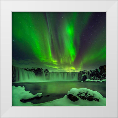 Northern Light Over Godafoss White Modern Wood Framed Art Print by Zhu, Hua