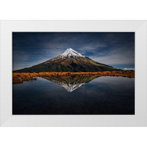 Mount Taranaki - A Starry Night White Modern Wood Framed Art Print by Zhang, Yan
