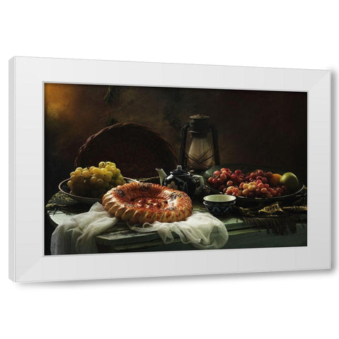 Stilllife  With Cake And Grapes White Modern Wood Framed Art Print by Ustinagreen