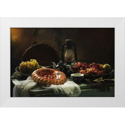 Stilllife  With Cake And Grapes White Modern Wood Framed Art Print by Ustinagreen