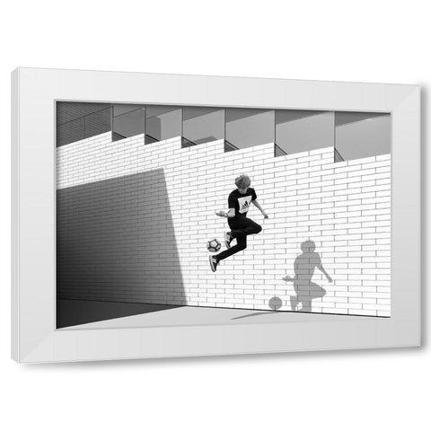 Boy With Football White Modern Wood Framed Art Print by Schuster, Inge