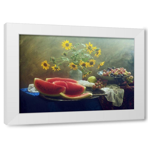 Still Life With Watermelon And Grapes White Modern Wood Framed Art Print by Ustinagreen