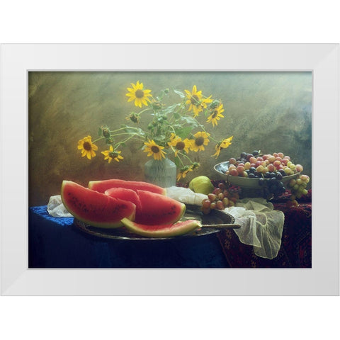 Still Life With Watermelon And Grapes White Modern Wood Framed Art Print by Ustinagreen