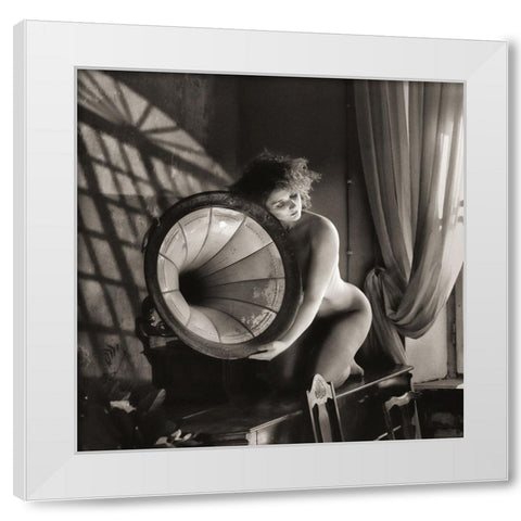 Girl With A Gramophone White Modern Wood Framed Art Print by Kapsha, Eduards