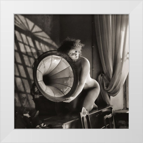 Girl With A Gramophone White Modern Wood Framed Art Print by Kapsha, Eduards
