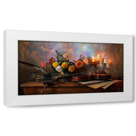 Still Life With Violin And Flowers White Modern Wood Framed Art Print by Morozov, Andrey