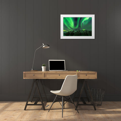 Lofoten Aurora Mountains White Modern Wood Framed Art Print by Alicke, Bjoern