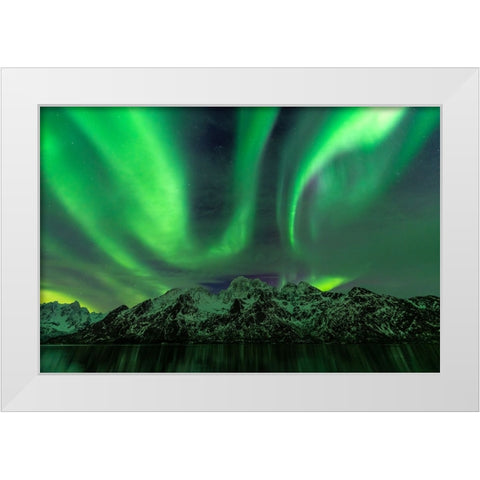 Lofoten Aurora Mountains White Modern Wood Framed Art Print by Alicke, Bjoern