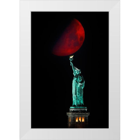 Statue Of Liberty And Moonset White Modern Wood Framed Art Print by Zhu, Hua