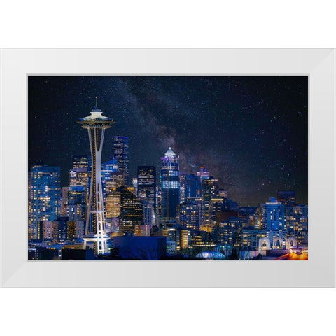 Night At Seattle White Modern Wood Framed Art Print by Gao, Danny