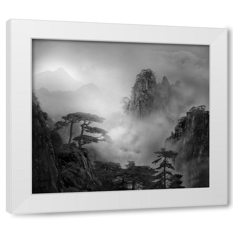 Huang Shan In The Fog White Modern Wood Framed Art Print by Guoji