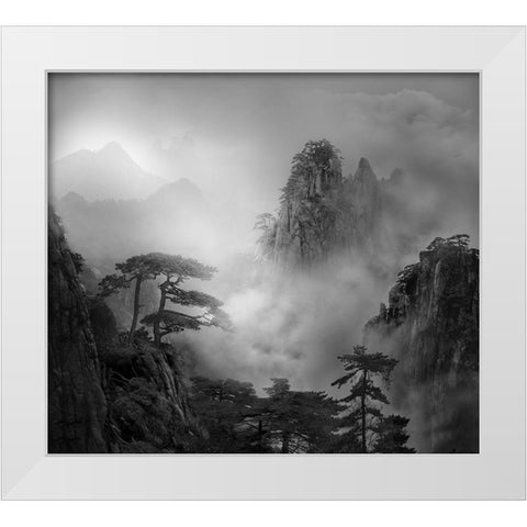 Huang Shan In The Fog White Modern Wood Framed Art Print by Guoji
