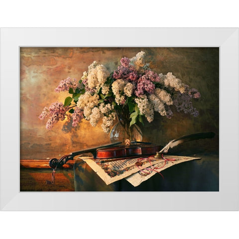 Still Life With Violin And Lilac Flowers White Modern Wood Framed Art Print by Morozov, Andrey
