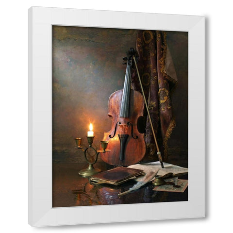 Still Life With Violin And Candle White Modern Wood Framed Art Print by Morozov, Andrey