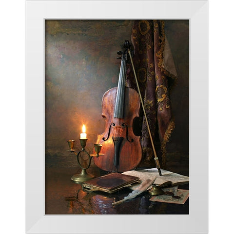 Still Life With Violin And Candle White Modern Wood Framed Art Print by Morozov, Andrey