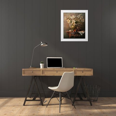 Still Life With Violin And Lilies White Modern Wood Framed Art Print by Morozov, Andrey