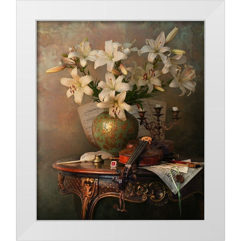 Still Life With Violin And Lilies White Modern Wood Framed Art Print by Morozov, Andrey